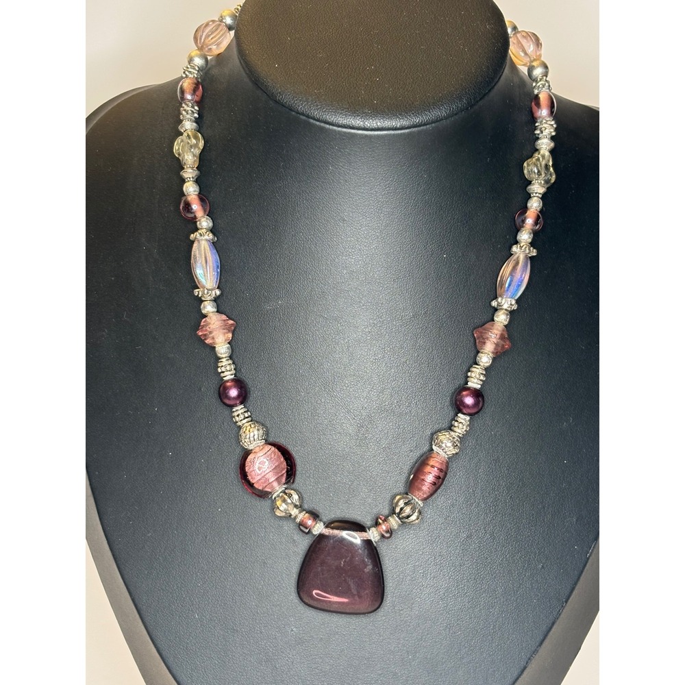 Vintage Glass Boho Beaded Necklace Amethyst Plum Tones Toggle Clasp 16.5"
